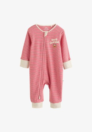 Raudonai ir baltai dryžuotas vaikų kombinezonas su ilgomis rankovėmis, apvaliu kaklu ir priekiniais užtrauktuku. Papuoštas smėlinėmis detalėmis ir mažu spausdintu raštu.