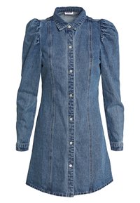 Jeansklänning med krage, puffärmar och framknäppning. Har vertikala sömmar och en något utsvängd fåll.