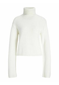 Pull en tricot blanc à col roulé avec un design court, des manches longues et une texture côtelée, featuring un col et un ourlet ajustés.