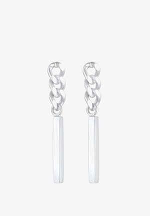 Silver dangling earrings featuring a chain-link design at the top and rectangular bars below. Smooth texture with polished finish.