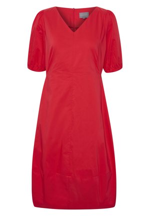 Red dress with a V-neck, short puff sleeves, and a relaxed fit. Made from smooth fabric with a clean finish and minimal stitching details.