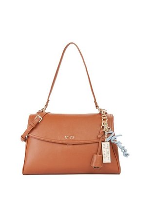 Bruine leren handtas met een enkele bovenste handgreep, gouden logo "V° 73" en decoratieve sleutelhangerbedeltjes, waaronder een label met het opschrift "Venice".