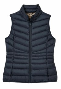 Granatowa kamizelka puchowa z wysokim kołnierzem, poziomym pikowaniem, zapięciem na zamek z przodu i dwoma kieszeniami po bokach. Lekki materiał.