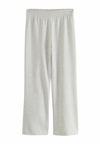 Helle graue, dehnbare Hose mit einem elastischen Bund und weitem Bein, hergestellt aus einem weichen, atmungsaktiven Stoff, der sich für Freizeitkleidung eignet.