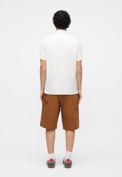 Άνδρας με σγουρά μαλλιά που φοράει απλό λευκό κοντομάνικο πουκάμισο, καφέ σορτς μέχρι το γόνατο με τσέπες, λευκές κάλτσες και πολύχρωμα αθλητικά παπούτσια, με την πλάτη γυρισμένη.