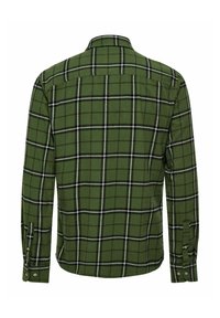 Zielona koszula z długim rękawem w kratę z czarnym i białym wzorem. Posiada klasyczny kołnierzyk i mankiety na guziki. Miękka tekstura materiału.