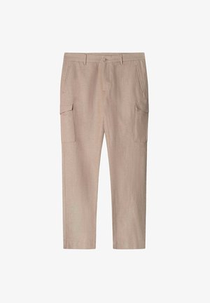 Beige cargobroeken van linnen, met twee zijzakken en twee cargozakken op de dijen. De stof heeft een subtiele textuur.