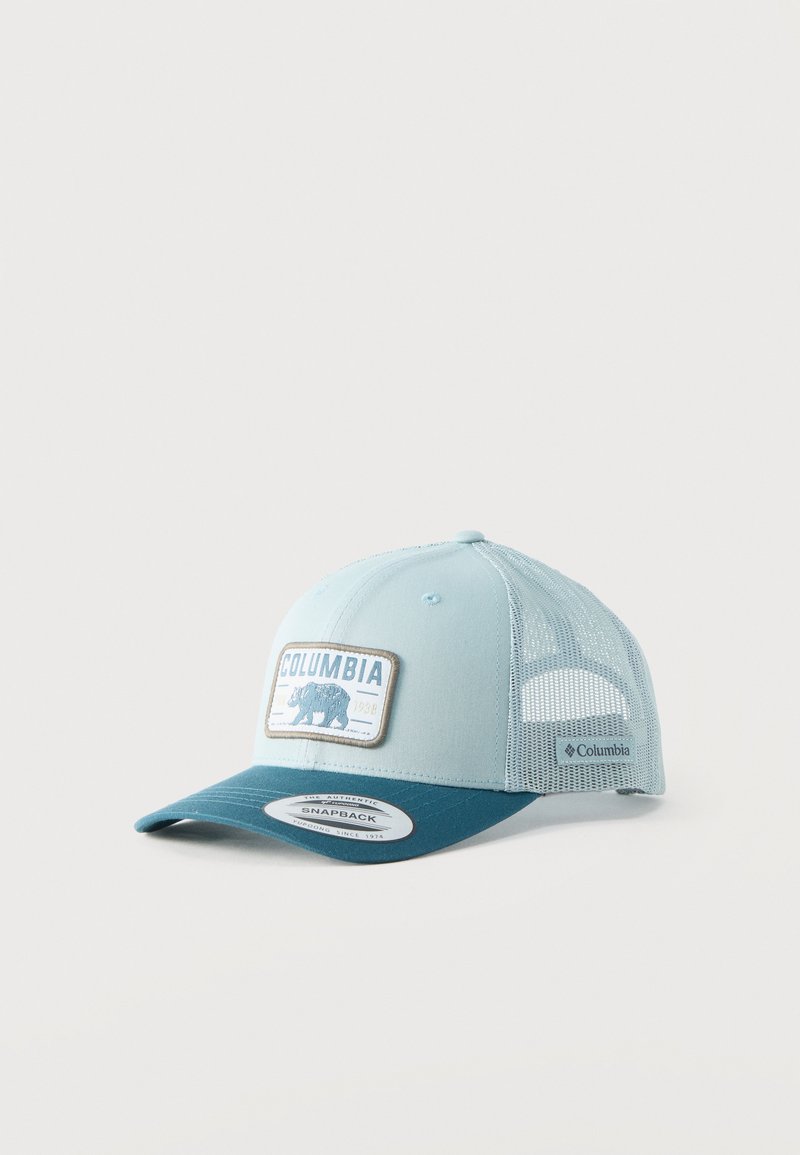 Καπέλο snapback Columbia σε ανοιχτό γαλάζιο και τιρκουάζ με διχτυωτή πλάτη και πατς με λογότυπο αρκούδας στο μπροστινό μέρος.