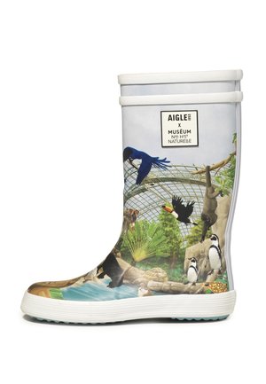 Botte en caoutchouc pour enfant avec des illustrations colorées de la faune, comprenant des oiseaux, des pingouins, un singe et des plantes sous un dôme de verre.