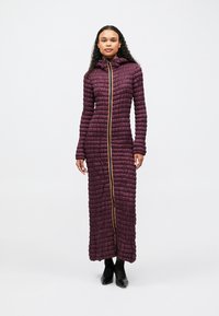 Μακριά, δαμάσκηνο φουσκωτή καμπαρντίνα με κουκούλα, με κάθετη χρυσή φερμουάρ και πλισέ υφή. Λείο ύφασμα και εφαρμοστό σχέδιο.