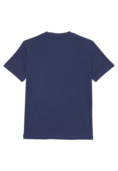 T-shirt blu navy in cotone, con maniche corte, colletto girocollo e un design semplice senza grafiche o motivi visibili.