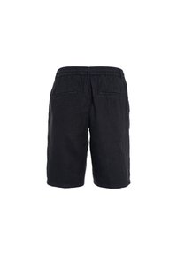 Czarne lniane szorty z elastycznym paskiem w talii, posiadające dwie tylne kieszenie i prosty krój. Tkanina ma lekko teksturowane wykończenie.