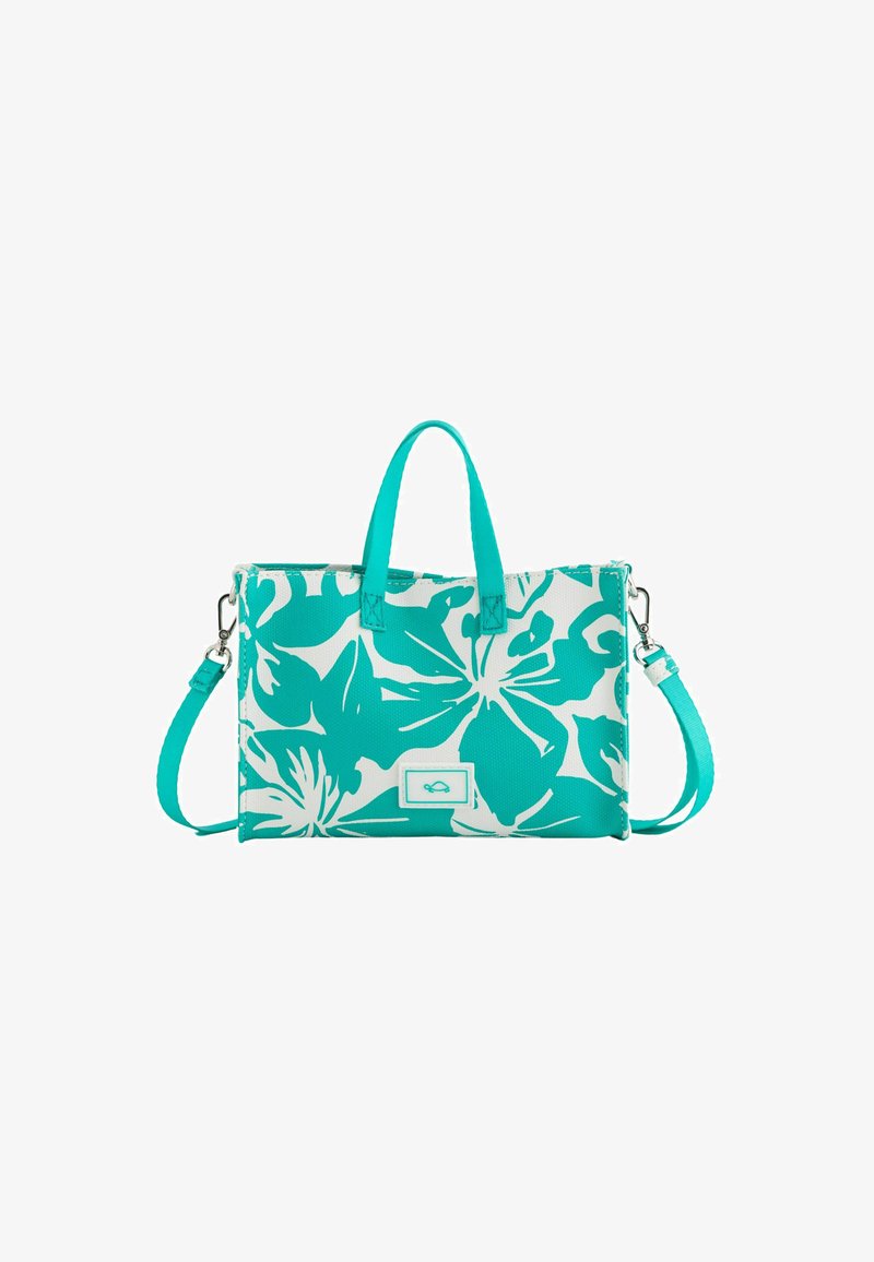Geantă din țesătură turcoaz cu model floral alb, având două mânere scurte și un umăr detașabil. Formă rectangulară cu accente din metal.