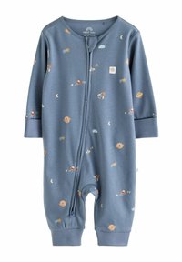 Pelele azul de bebé con mangas largas y cremallera, con estampados temáticos del espacio de planetas, cohetes, estrellas y nubes.