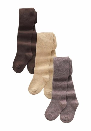 Drei Paar gefaltete Strumpfhosen in Dunkelbraun, Beige und Grau, nebeneinander auf weißem Hintergrund angeordnet.