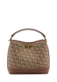 Beige Logo-Canvas-Handtasche mit braunem Lederboden und einem oberen Griff. Besitzt einen goldfarbenen Verschluss und Akzente in der Naht.