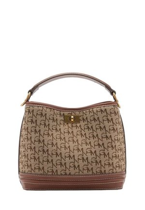 Beżowa torba na ramię z kanwy z brązową skórzaną podstawą i górnym uchwytem. Posiada zapięcie w kolorze złotym oraz akcenty w postaci stębnowania.