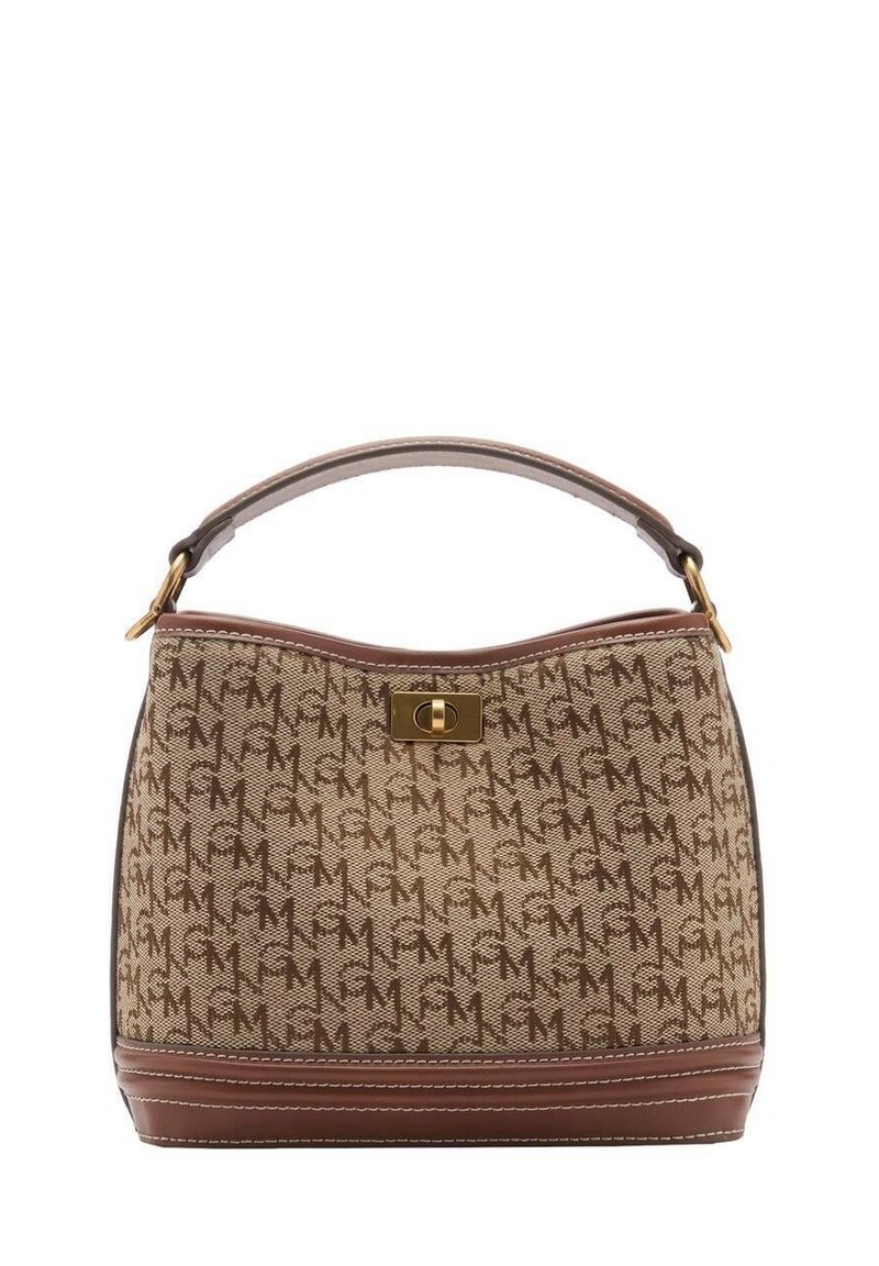 Beige Logo-Canvas-Handtasche mit braunem Lederboden und einem oberen Griff. Besitzt einen goldfarbenen Verschluss und Akzente in der Naht.