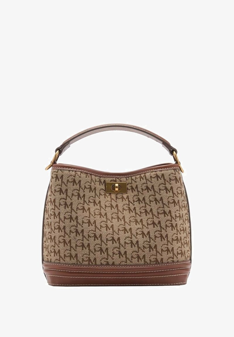 Beige Logo-Canvas-Handtasche mit braunem Lederboden und einem oberen Griff. Besitzt einen goldfarbenen Verschluss und Akzente in der Naht.