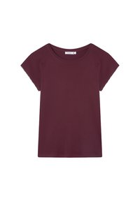 Koszulka damska z krótkim rękawem i okrągłym dekoltem w jednolitym, ciemnym burgundowym kolorze, w rozmiarze małym, wyeksponowana na białym tle.