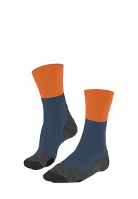 Due paia di calze con un bordo arancione, corpo blu e tallone e punta grigi. Realizzate in materiale a coste con colori a contrasto.