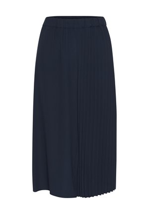 Donker marineblauwe geplooide rok met een elastische tailleband, voorzien van een gladde textuur en vloeiende silhoutte, die tot halverwege de kuit reikt.