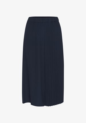 Dunkelblauer, gefalteter Rock mit elastischem Bund, der eine glatte Textur und eine fließende Silhouette aufweist, die bis zur Mitte der Wade reicht.