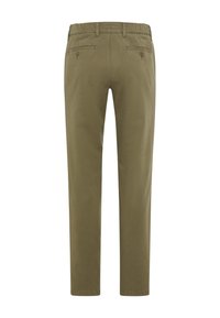 Pantaloni khaki con vestibilità dritta, dotati di due tasche posteriori con bottoni e una vita. Realizzati in un tessuto liscio e resistente.