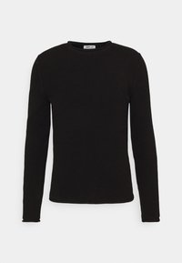 Zwarte langekorsweater gemaakt van textuurgebreide stof, met een ronde hals en een effen kleurontwerp, afgewerkte mouwen en onderkant.