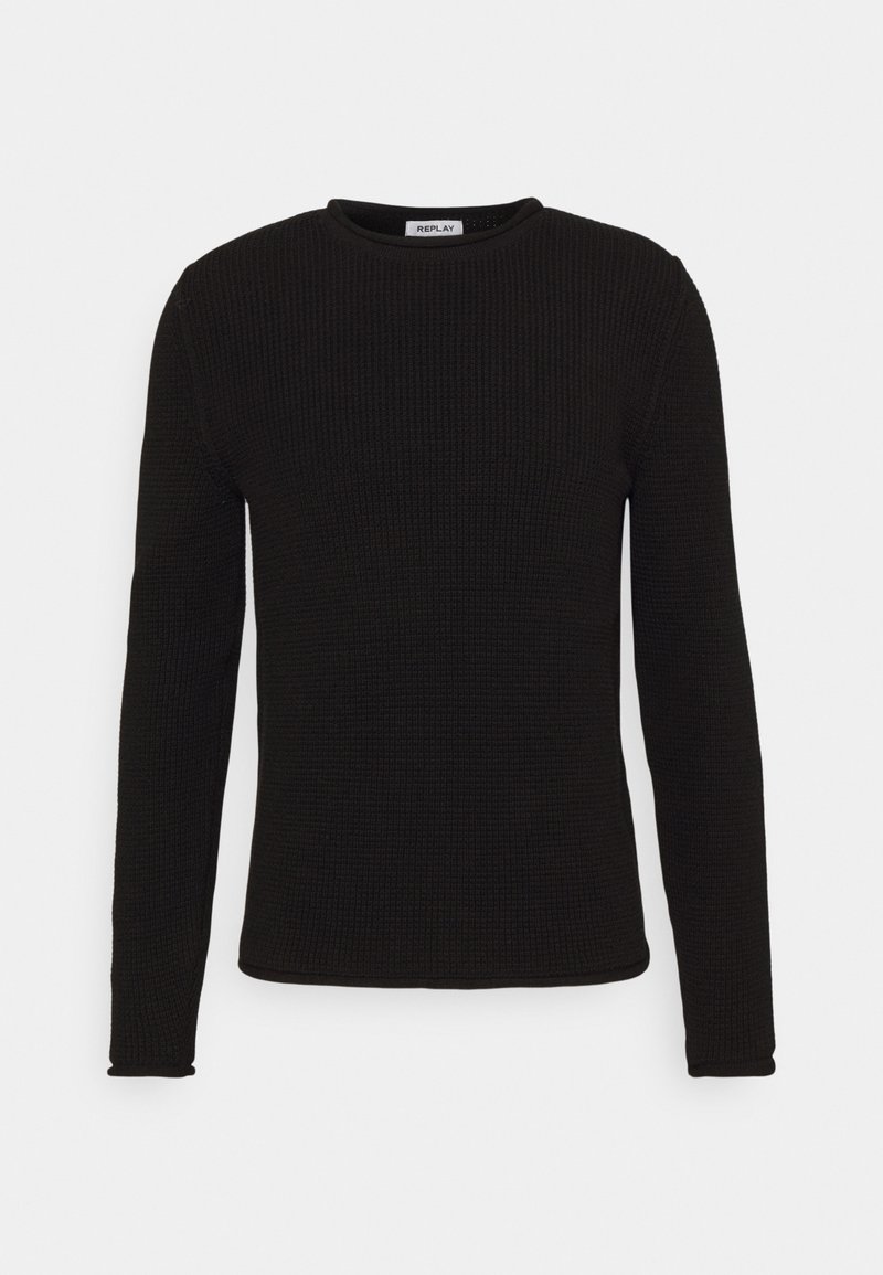 Zwarte langekorsweater gemaakt van textuurgebreide stof, met een ronde hals en een effen kleurontwerp, afgewerkte mouwen en onderkant.