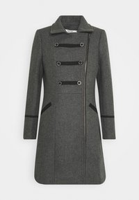 Abrigo de mezcla de lana gris con cuello alto, cierre de cremallera, doble botón en el pecho, paneles negros a los lados y costuras decorativas a lo largo de los puños.