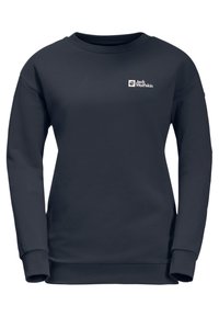 Tummansinisestä pehmeästä kankaasta valmistettu collegepaita, jossa on pyöreä pääntie ja ribbaus hihansuissa. Edessä vasemmassa yläkulmassa pieni valkoinen logo.