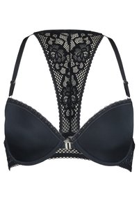 Black lace bra with molded cups, decorative lace back detail, and adjustable straps. Features scalloped edges and a small central clasp.