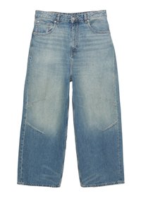 Svetlo modri široki kavbojke iz denima, ki imajo dve sprednji žepki, dekorativno šivanje in subtilen vzorec bledenja na tkanini.