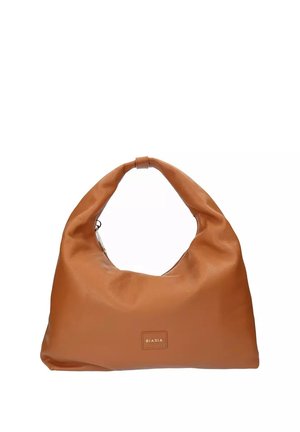 Borsa hobo in pelle marrone con una singola tracolla e una piccola etichetta rettangolare con il marchio "Biasia" al centro anteriore.