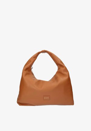 Borsa hobo in pelle marrone con una singola tracolla e una piccola etichetta rettangolare con il marchio "Biasia" al centro anteriore.