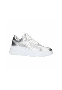 Metallic silver sneaker with white rubber sole, featuring a textured upper, stitched accents, and traditional lacing.