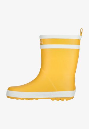 Botte de pluie en caoutchouc jaune avec des rayures horizontales blanches, bout rond, semelle texturée pour une meilleure adhérence, et une languette à l'arrière pour un enfilage facile.