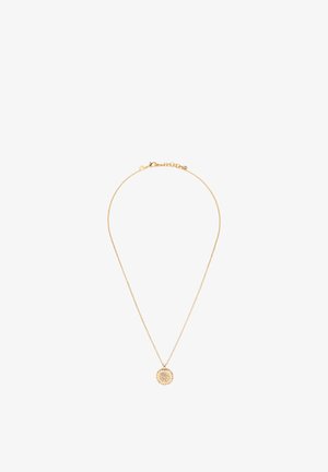 Zarte goldene Halskette mit rundem Anhänger, der ein spiralförmiges Muster aus kleinen Kristallen zeigt, Verschluss und Verlängerungskette sichtbar.