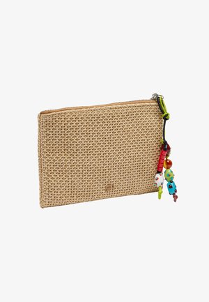 Woven straw pouch w kolorze białym, z dekoracyjnym uchwytem do zamka błyskawicznego ozdobionym kolorowymi koralikami oraz gładką fakturą.