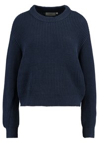 Maglione lavorato a maglia blu navy con texture rigata, ampio colletto tondo e maniche lunghe con polsini e orlo a coste.
