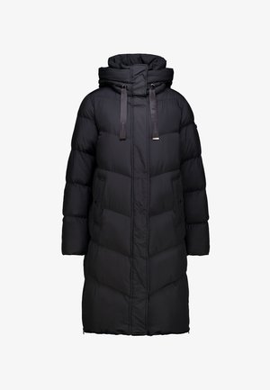 Schwarze Daunenjacke mit hohem Kragen, ausgestattet mit einem Reißverschluss, Zugbändern, zwei Seitentaschen und einem gesteppten Muster.