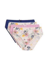 Confezione di quattro slip in cotone da donna in blu, rosa e fantasie floreali, con morbidi elastici e fiocchi in vita.