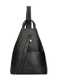 Zaino in pelle nera con finitura strutturata, forma triangolare e tasca frontale. Presenta doppi manici e un logo discreto alla base.