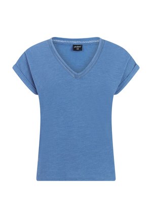 Blauw damesshirt met korte mouwen, V-hals en opgerolde manchetten, met subtiele kanten rand rond de halslijn.