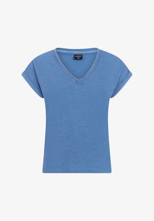 Blauw damesshirt met korte mouwen, V-hals en opgerolde manchetten, met subtiele kanten rand rond de halslijn.
