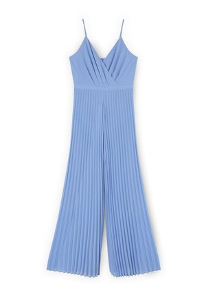 Lichtblauwe mouwloze jumpsuit met geplooide wijde pijpen en een V-hals overslag top met dunne bandjes.