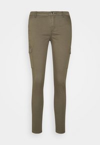 Pantalons cargo vert olive en tissu extensible, avec une coupe slim, deux poches latérales et une finition texturée. Fermeture à bouton à la taille.