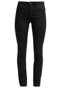 Czarne dżinsy o dopasowanym kroju, z klasycznym pasem, przednimi kieszeniami i minimalistycznym wzornictwem. Gładka tekstura z lekkim streczem.
