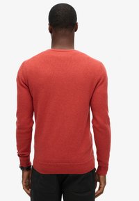 Rode gebreide trui met een ronde hals en lange mouwen, met een geribde zoom en manchetten. Soepele textuur, getailleerde vorm zonder patronen.